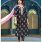 Dazzling Black Colored Rayon With Gold Fancy Printed Embroidery Work Kurti With Dupatta Sets For Women