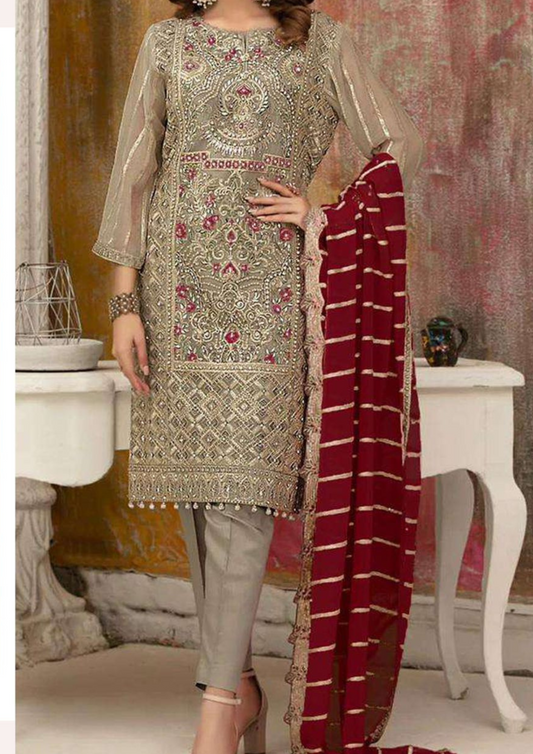 Alluring Gray Color Georgette Digital Print With Fancy Embroidery work Neck work Suits For Women