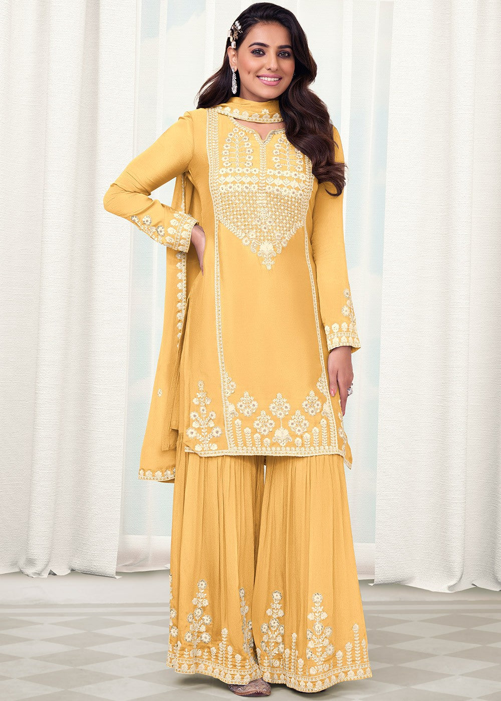 Charming Yellow Color Chinon With Thread Embroidery Work Designer Palazzo Suits For Women