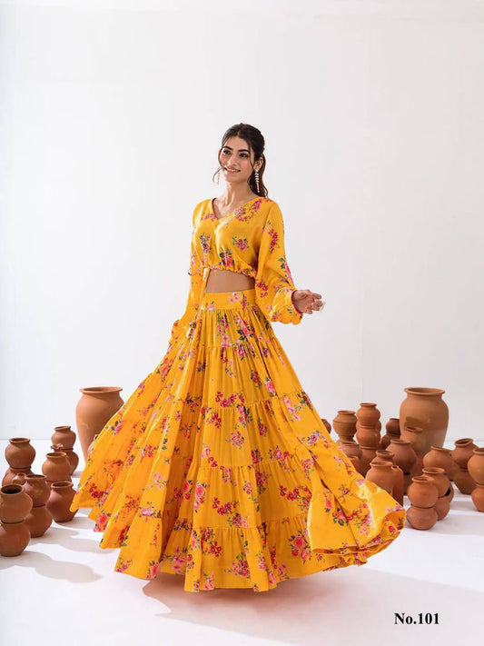 Beautiful Yellow Color Floral Printed Tier Lehenga With Crop Top