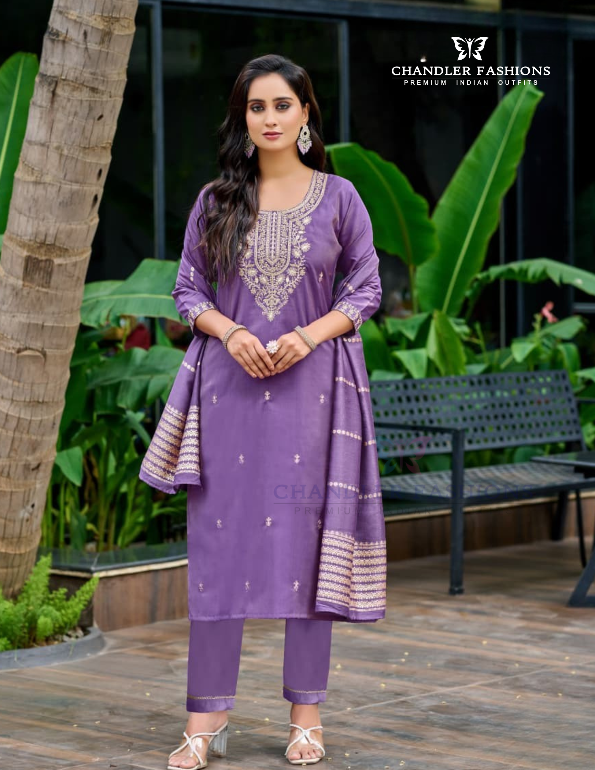 Attractive Lavender Color Shimmer Salwar Suits With Embroidery Work For Women