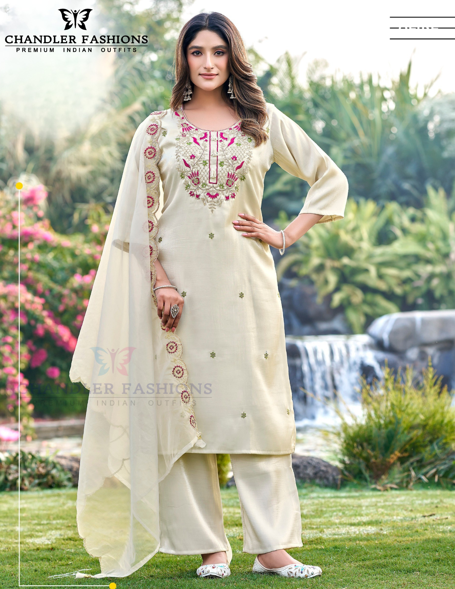 Awesome Cream Color Silk With Embroidery Work Salwar Suits For Women