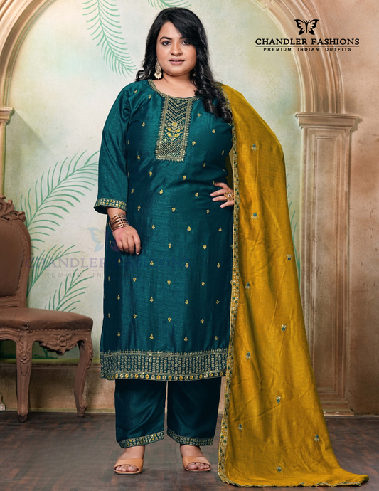 Attractive Teal Green Color Vichitra Silk With Embroidery And Sequins Work Salwar Suits For Women
