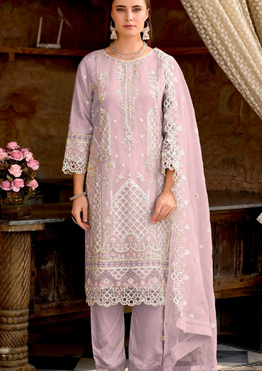 Pretty Light Purple Color Heavy Organza Embroidery With Salwar Suits For Women