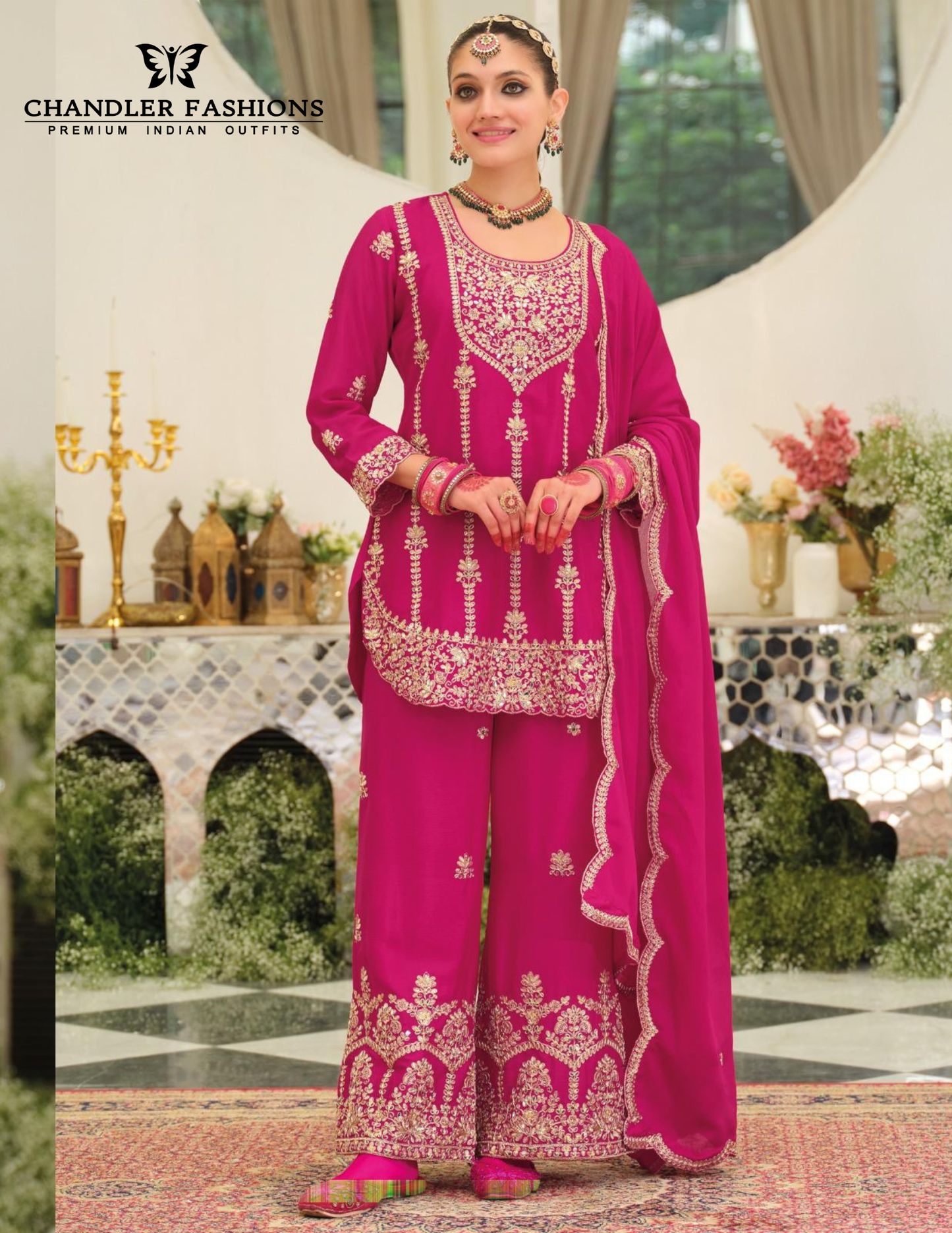 Attractive Pink Color Chinon With Embroidery Work Palazzo Suits And Dupatta
