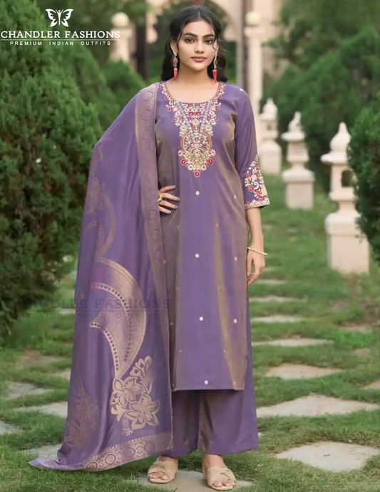 Amazing Lavender Color Shimmer With Thread Work Salwar Suits For Women