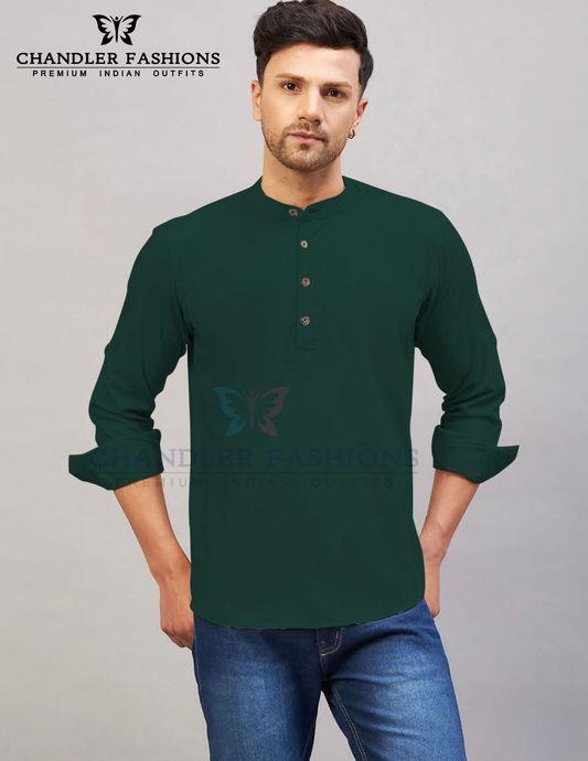 Elegant Green Color Cotton Short Kurta For Men