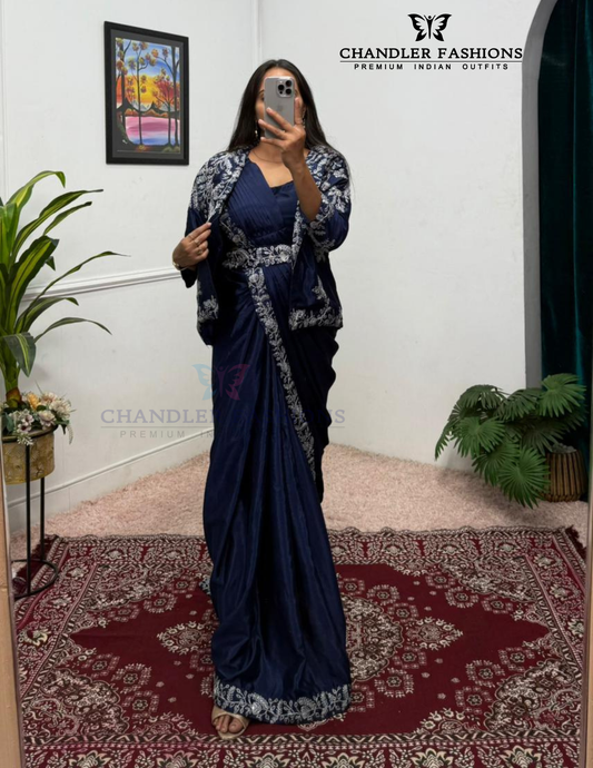 Charming Navy Blue Color Heavy Embroidery Work Ready To Wear Saree For Women