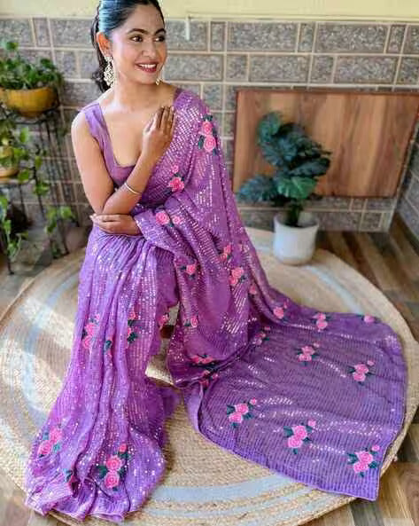 Charming Lavender Color Georgette And Sequins With Thread Work Saree For Women Near Me