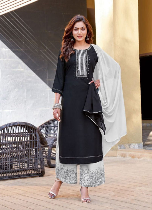 Pleasing Black Color Designer Salwar Suits With Embroidery Work And Palazzo Pants