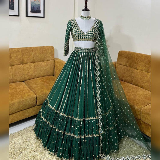 Attractive Green Colored Party Wear Sequins Lehenga & Choli For Wedding