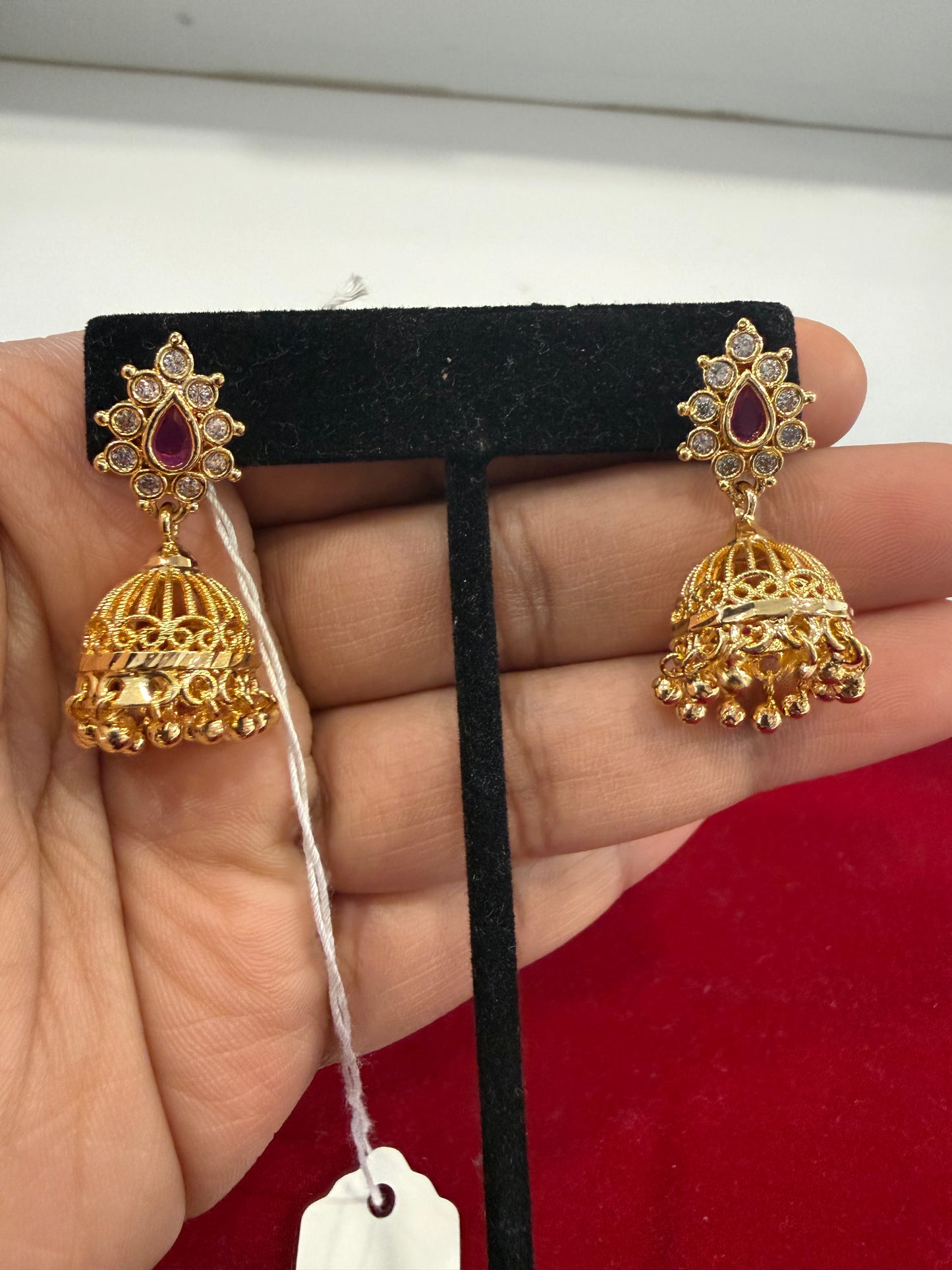 Elegant Gold Plated Earrings with Pink And White Color Stones Jhumka for Women