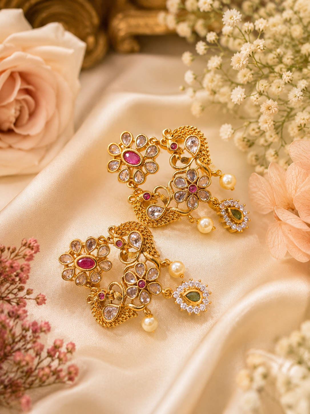 Dazzling Green And Red Stones Gold Plated Necklace With Earrings For Women