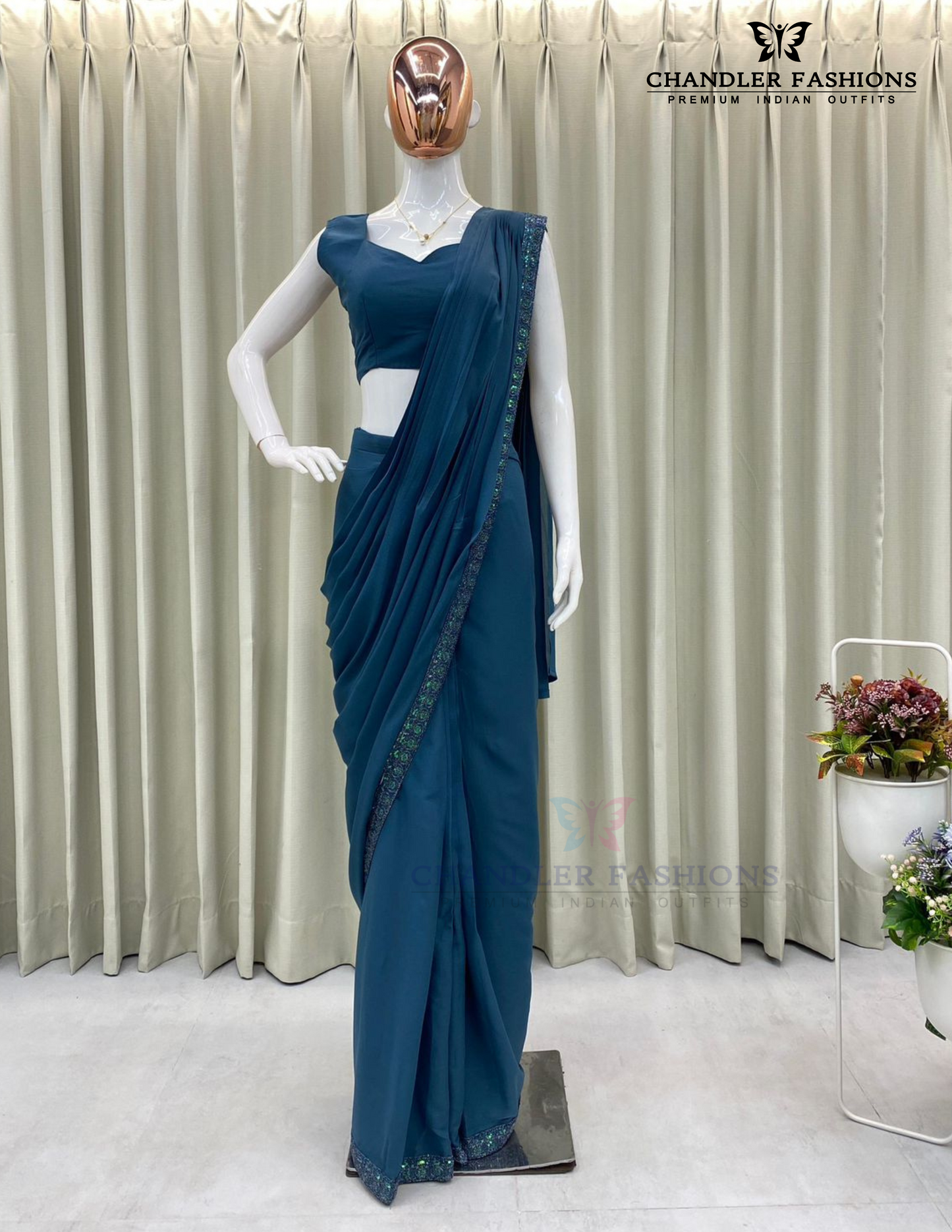 Alluring Teal Blue Color Fancy Ready To Wear Saree For Women In USA