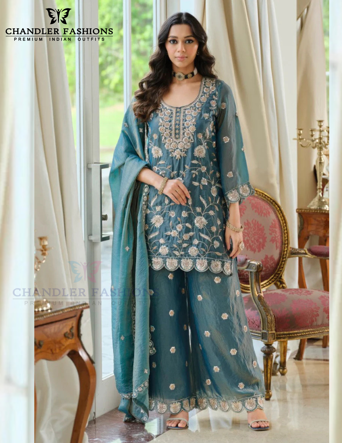 Marvelous Blue Color Moss Silk With Embroidery Work Palazzo Suits For Women