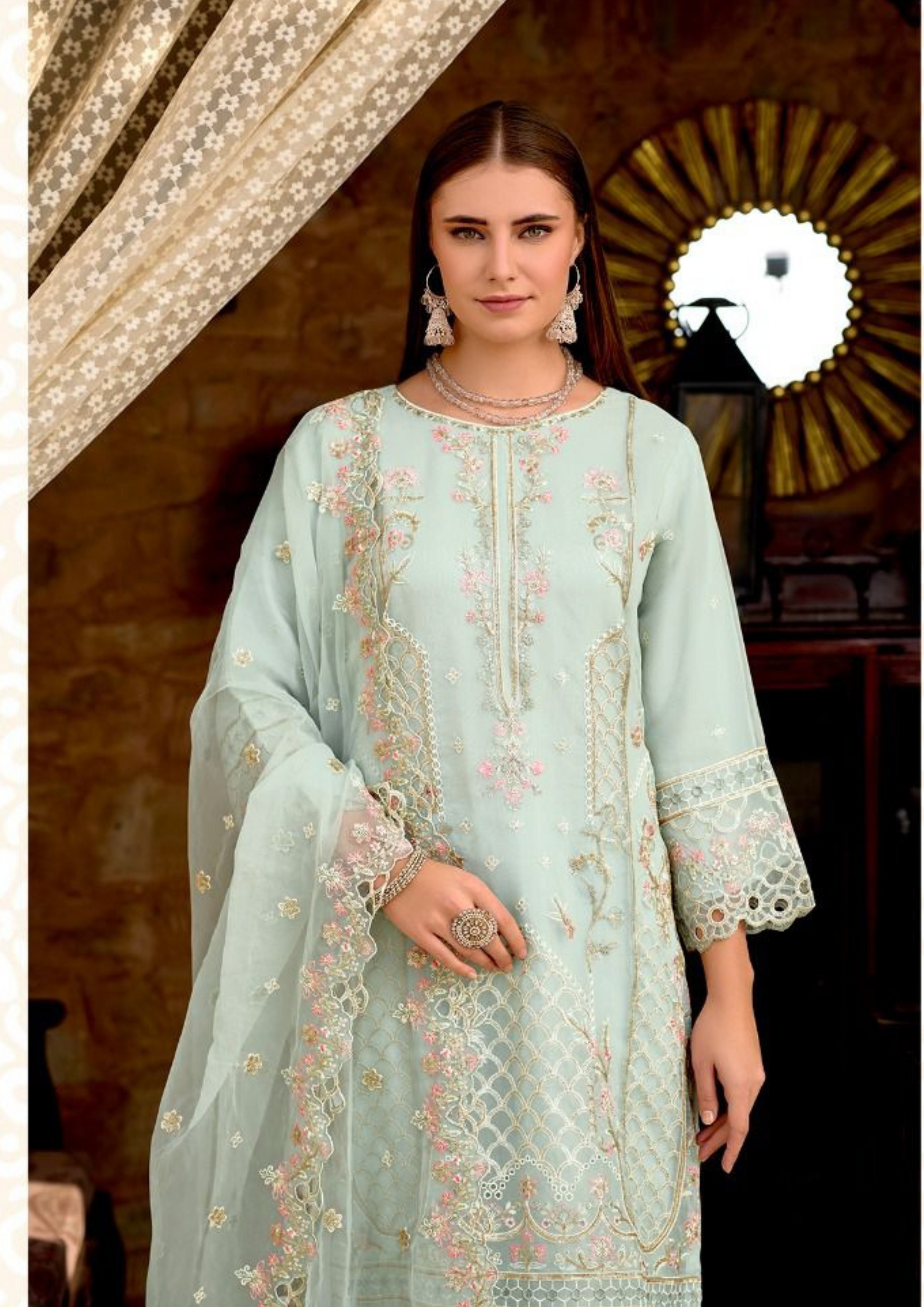 Light Green Organza Salwar Suits For Women Near Me