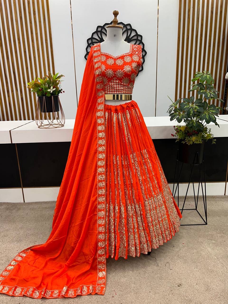 Enchanting Orange Color Heavy Embroidery Sequins Work Lehenga Choli