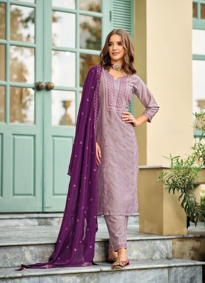 Fabulous Lavendar Colored Embroidery Kurti With Dupatta For Women