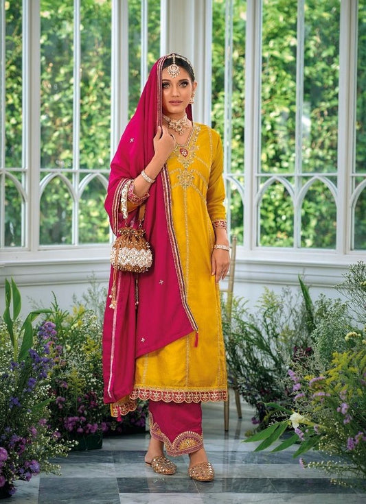 Attractive Yellow Color Premium Silk Embroidery Kurti With Dupatta