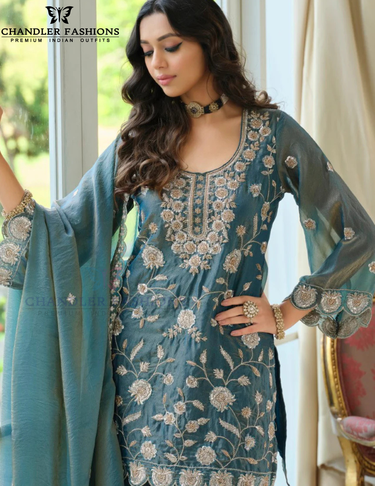 Blue Color Moss Silk With Embroidery Work Palazzo Suits In USA