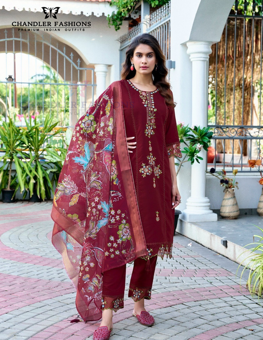 Fabulous Maroon Color Roman Silk Salwar Suits With Dupatta For Women