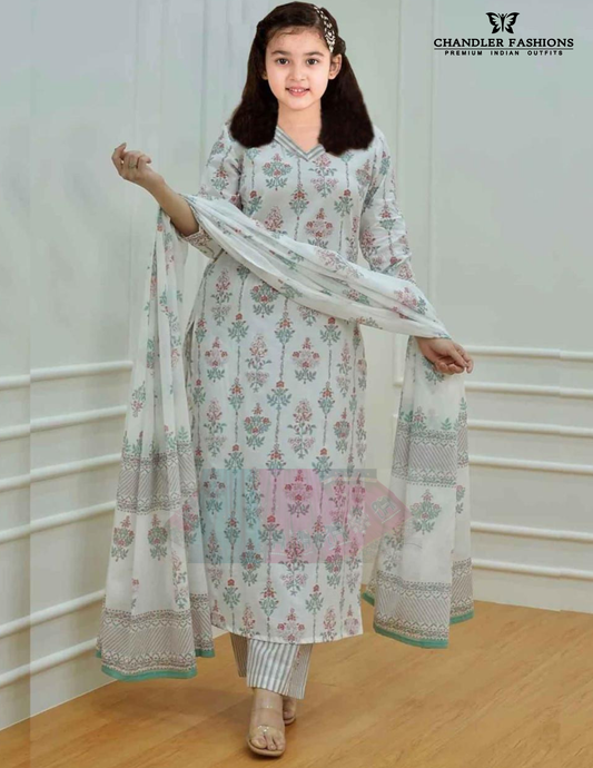 Pretty White Color Cotton With Digital Print Work Kurti Suits For Girls