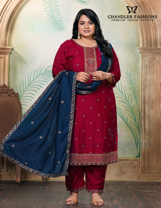 Charming Red Color Vichitra Silk With Embroidery And Sequins Work Salwar Suits For Women