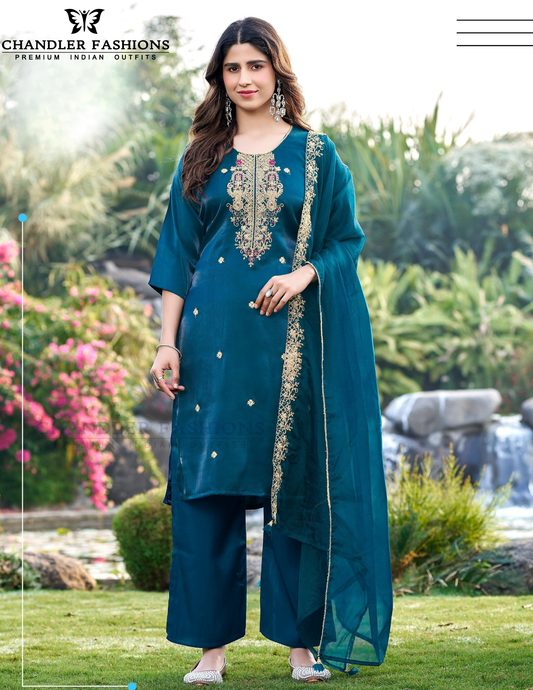 Fantastic Blue Color Silk With Embroidery Work Salwar Suits For Women