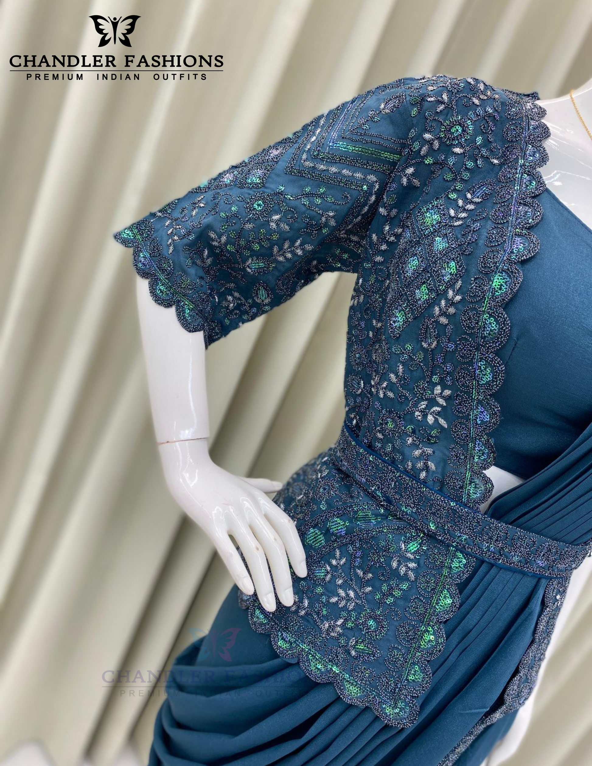 Alluring Teal Blue Color Fancy Ready To Wear Saree In Suncity