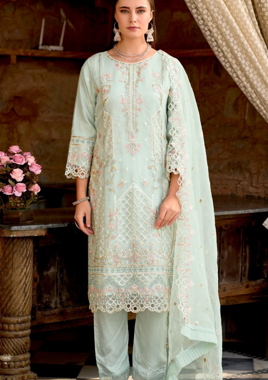 Alluring Light Green Color Organza Heavy Embroidery Work Salwar Suits For Women