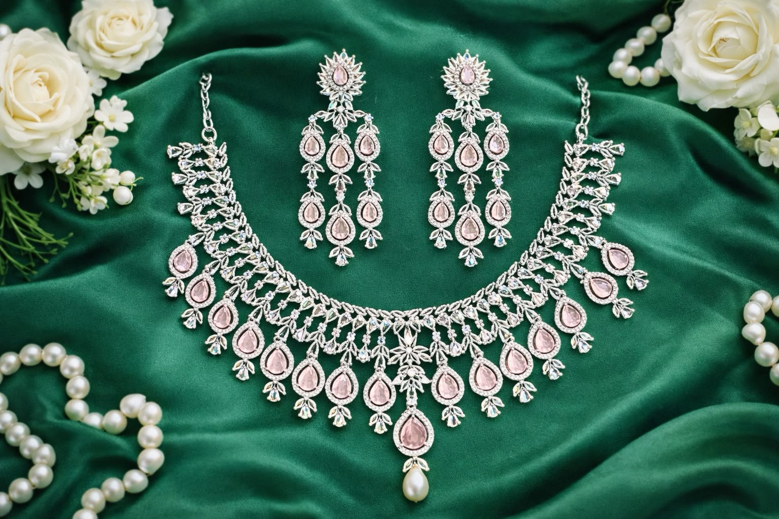 Premium Pink Color Stone American Diamond Necklace Set With Earrings For Women Near Me