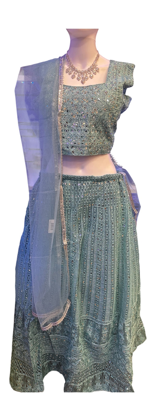 Amazing Light Blue Color Georgette With Embroidery And Mirror Work Lehenga For Women