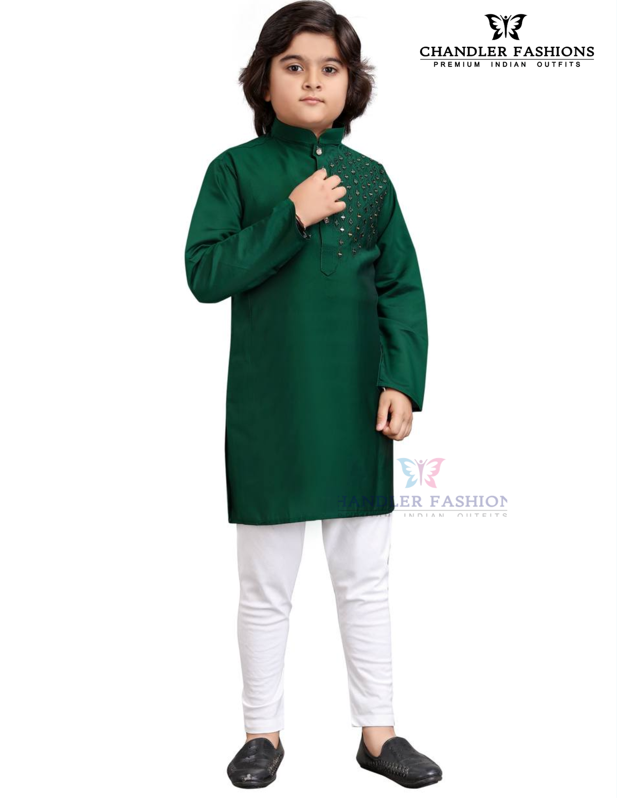 Charming Green Color Silk With Embroidery And Mirror Work Kurta Pajama Set For Kids