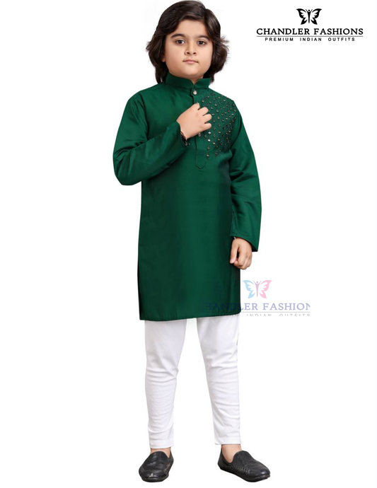 Charming Green Color Silk With Embroidery And Mirror Work Kurta Pajama Set For Kids