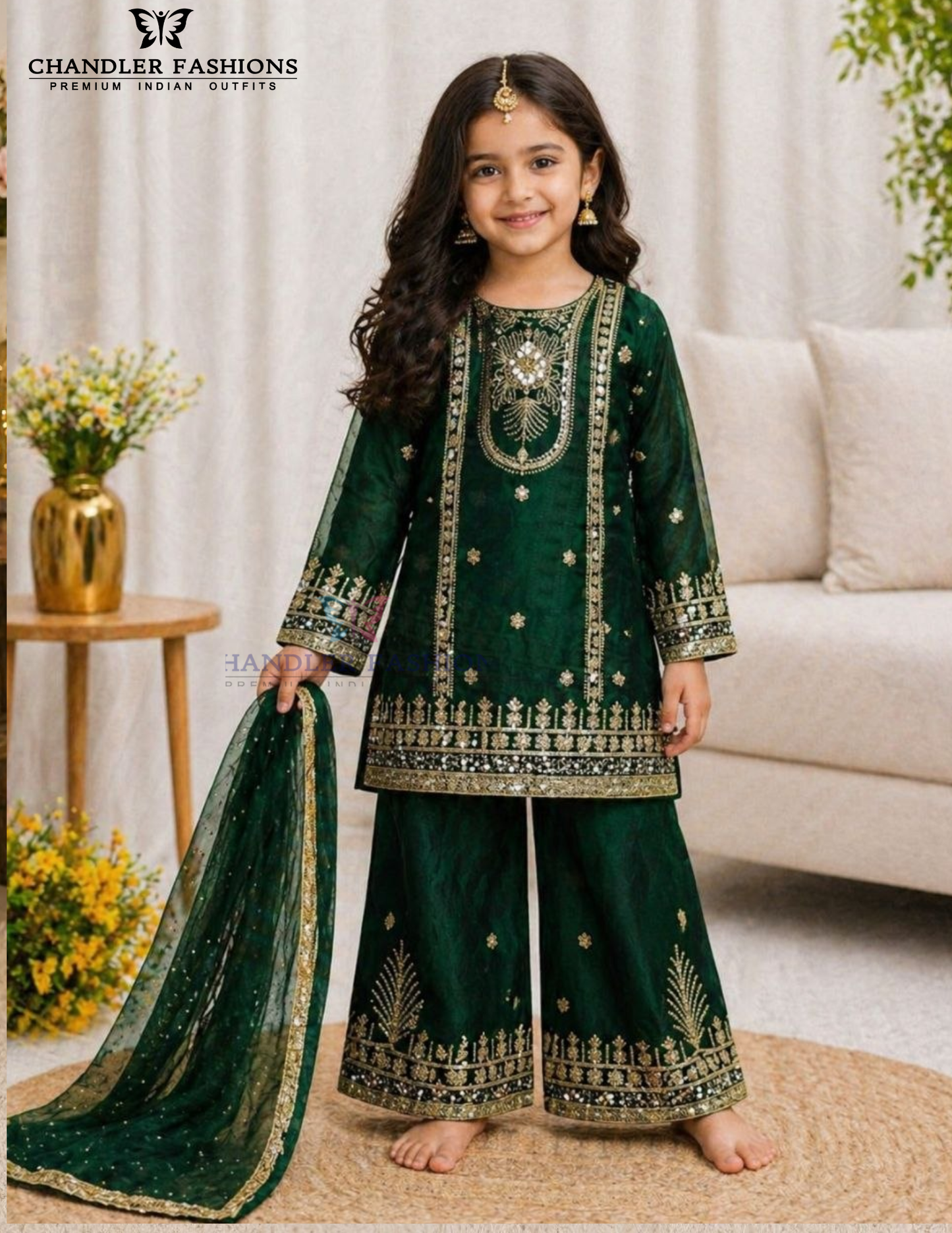 Smashing Green Color Fendy Silk With Embroidery And Sequins Work Palazzo Suits For Girls