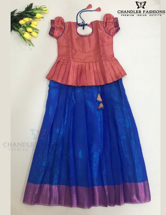 Attractive Pink And Blue Color Zari Work With Silk Langa set For Girls