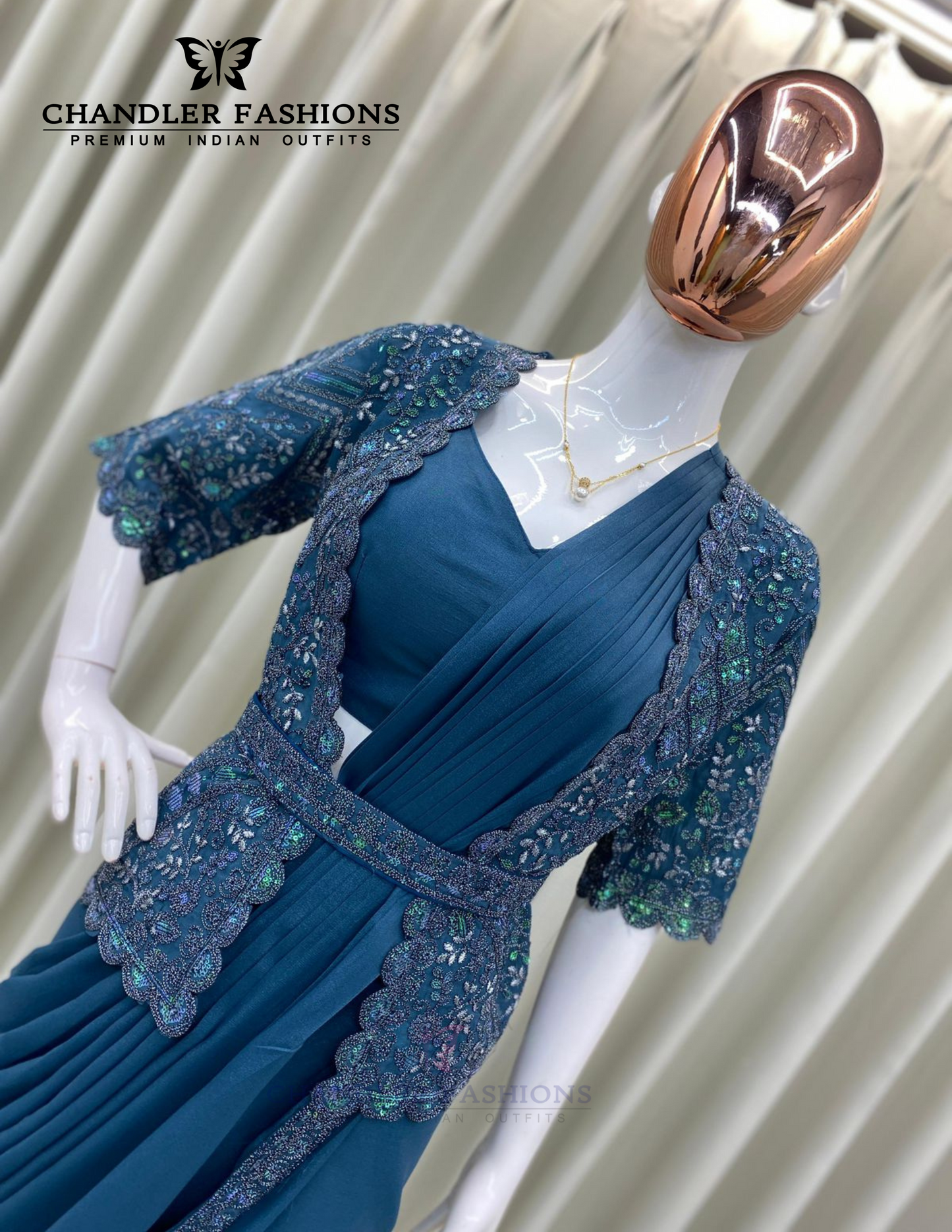 Alluring Teal Blue Color Fancy Ready To Wear Saree In Mesa