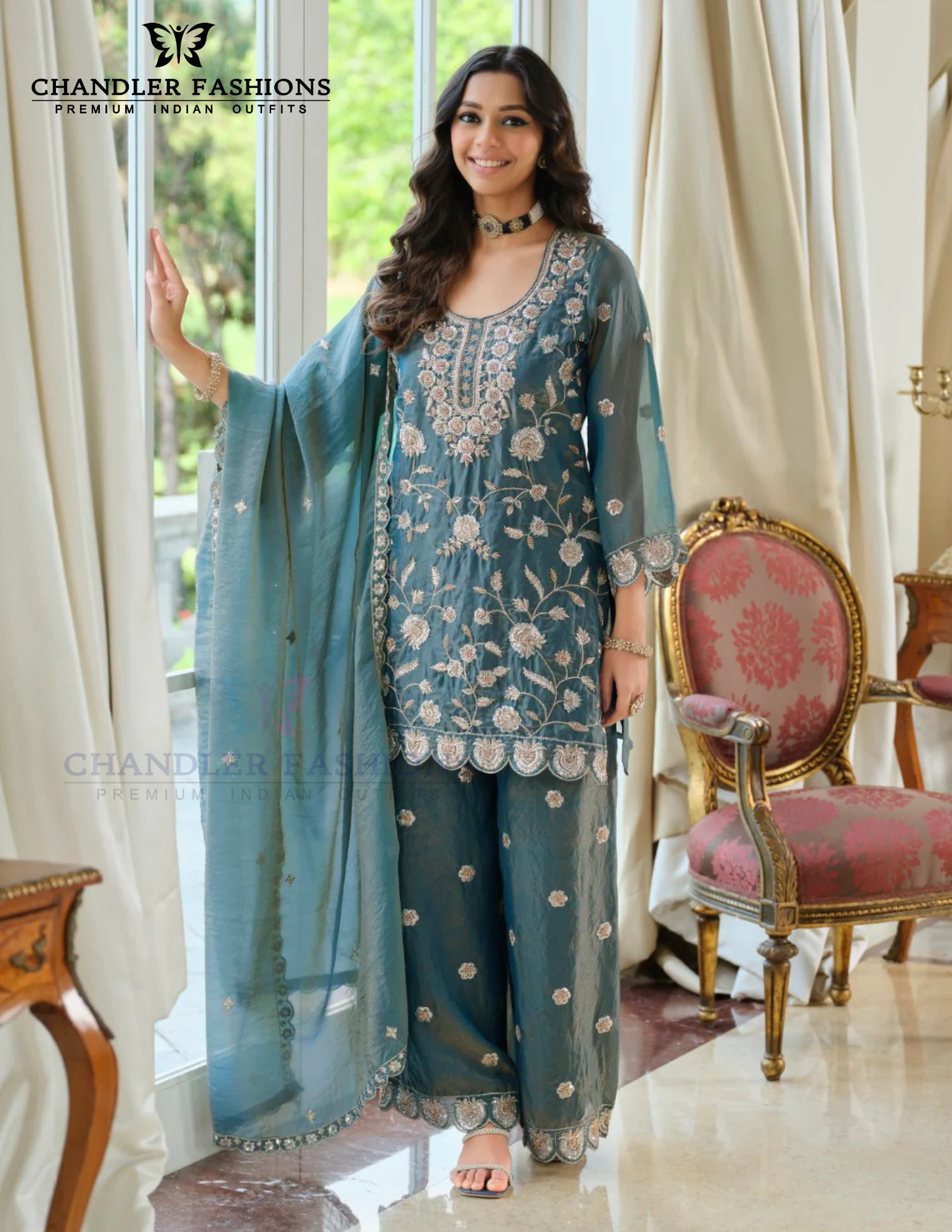 Blue Color Moss Embroidery Work Palazzo Suits In Mesa