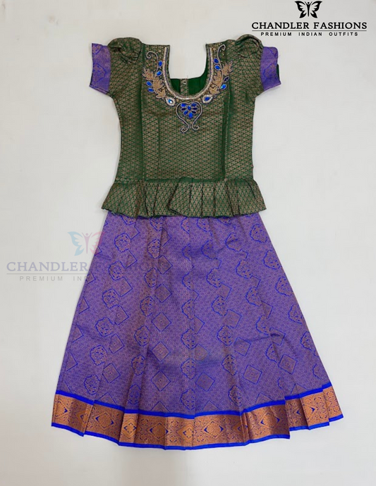 Attractive Green And Blue Color Stone Work With Silk Langa set For Girls