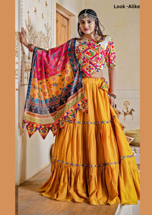 Charming Yellow Colored Rayon Ready Mirror Lace Work Chaniya Lehenga Choli With Dupatta