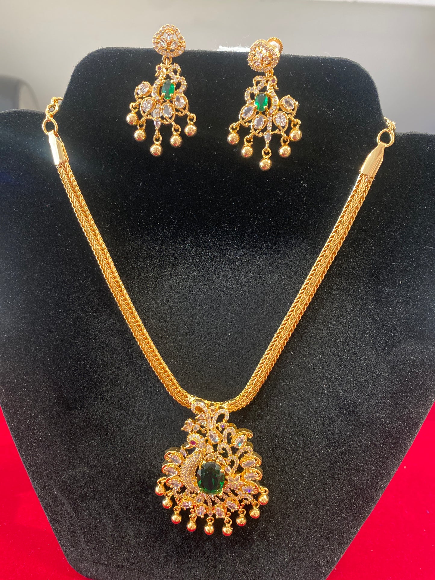Amazing Green and White Color Stone Peacock Locket Gold-Tone Necklace Set with Matching Earrings For Women