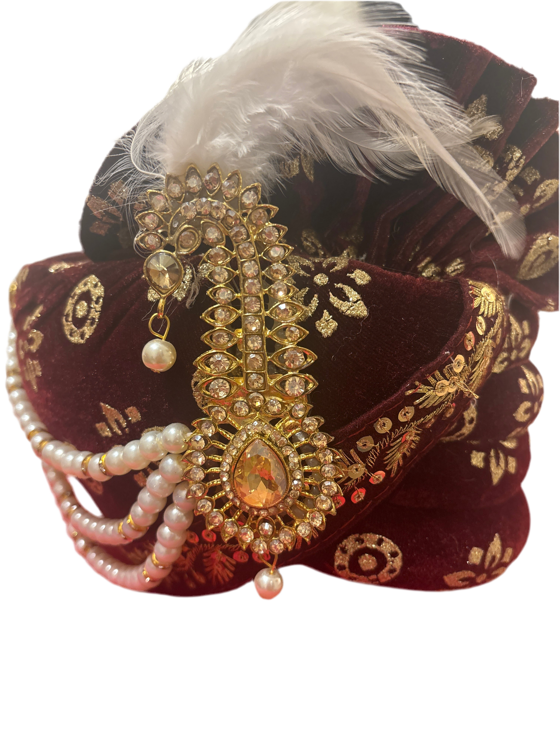Beautiful Maroon Color Stone And Beads Work Designer Wedding Turban For Men