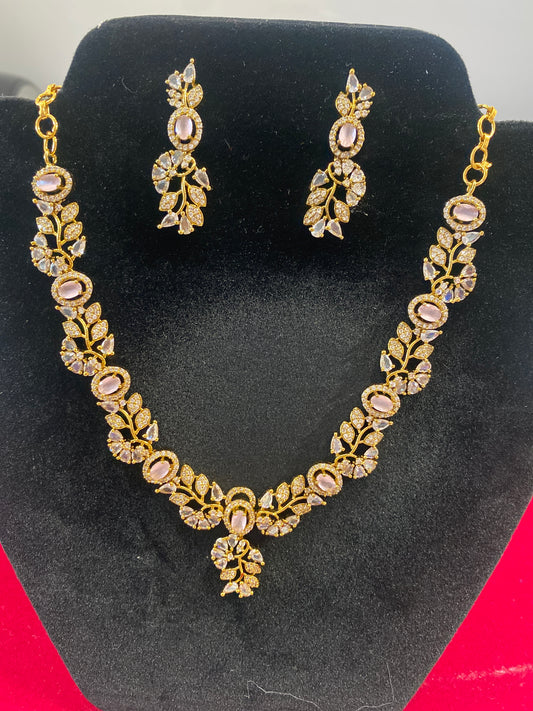 Alluring White And Peach Color Stones Gold Plated Necklace With Earrings