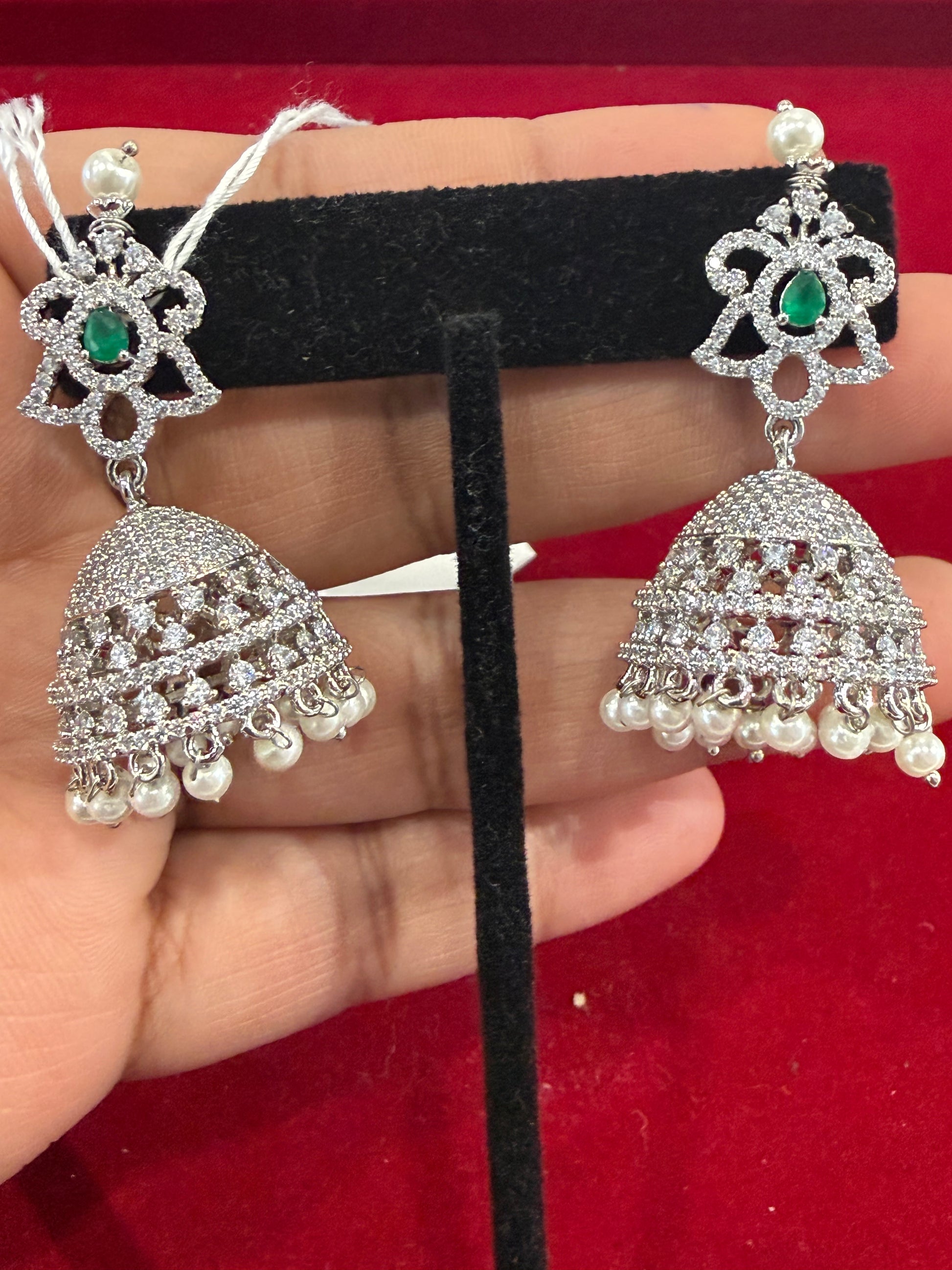 White And Green Stones American Diamond Jhumkas With White Pearls Near Me