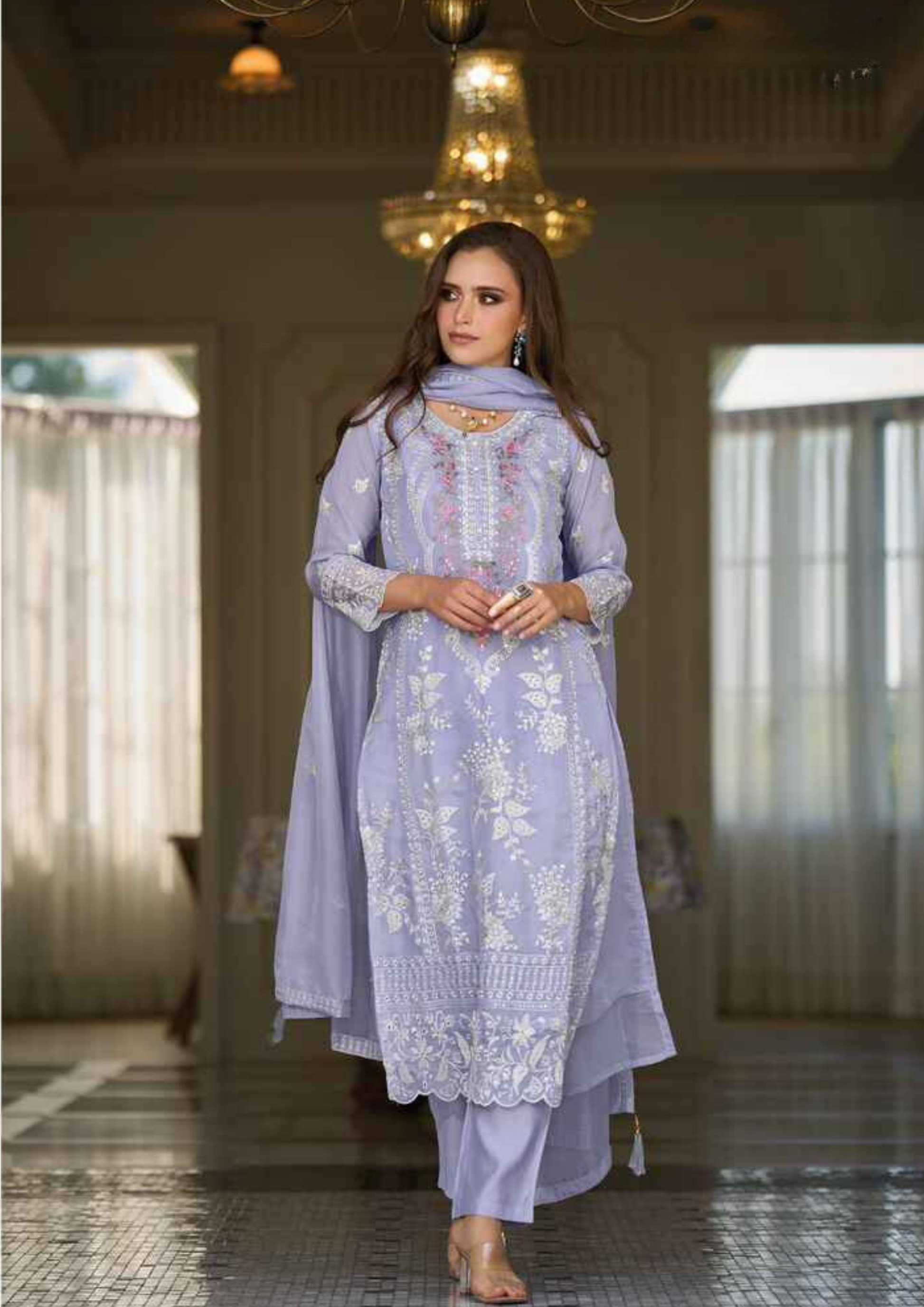 Elegent Lavender Color Soft Organza Salwar Suits For Women