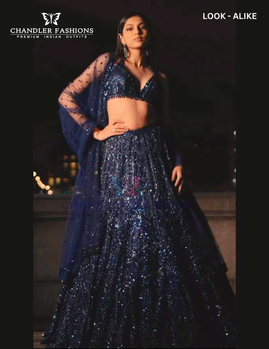 Stunning Dark Blue Color Net With Sequins And Dori Work Lehenga For Women