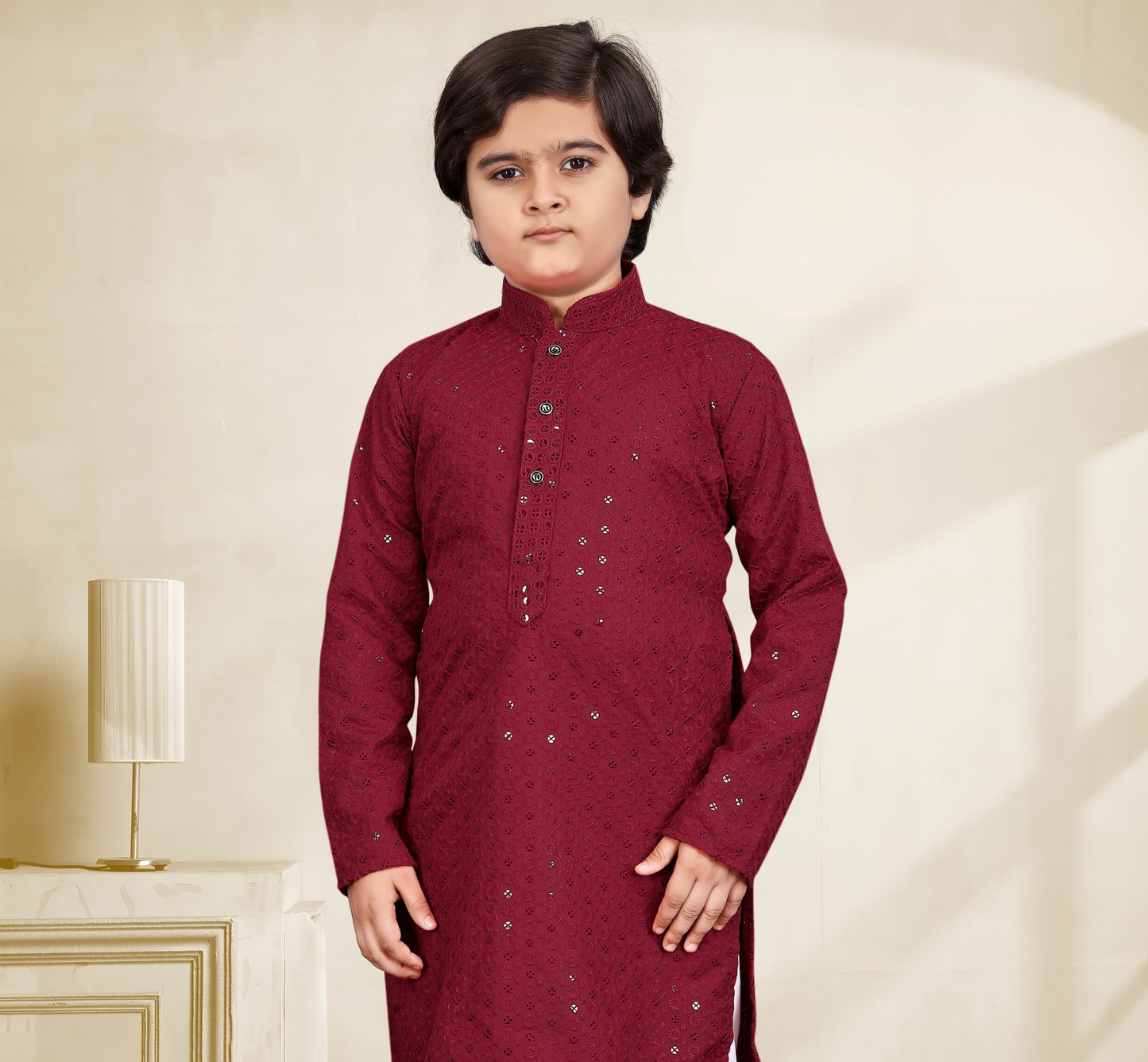 Stunning Maroon Color Kid's Rayon Embroidery Sequins Work Kurta With Pajama Pant Near Me