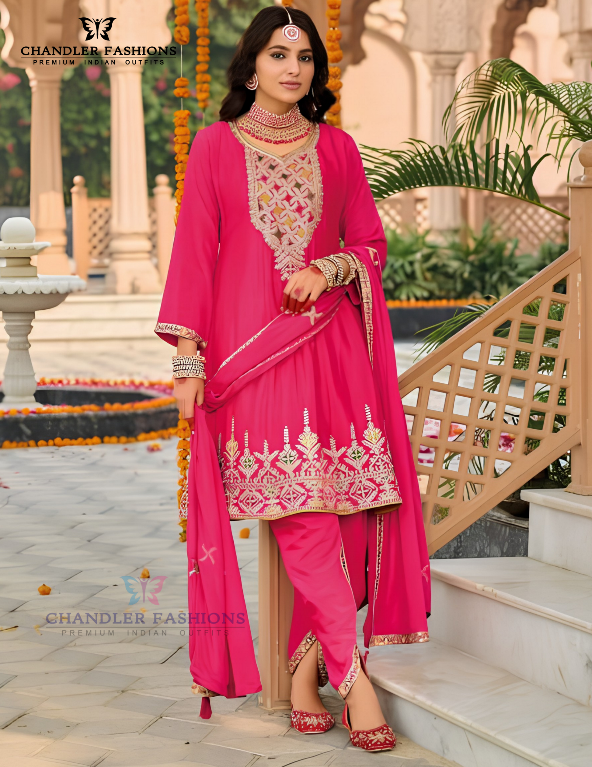 Alluring Dark Pink Color Heavy Chinon With Embroidery Work Kurti Suits For Women