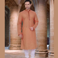 Wonderful Light Orange Color Poly Cotton Lace Embroidery Work Pajama Set For Men