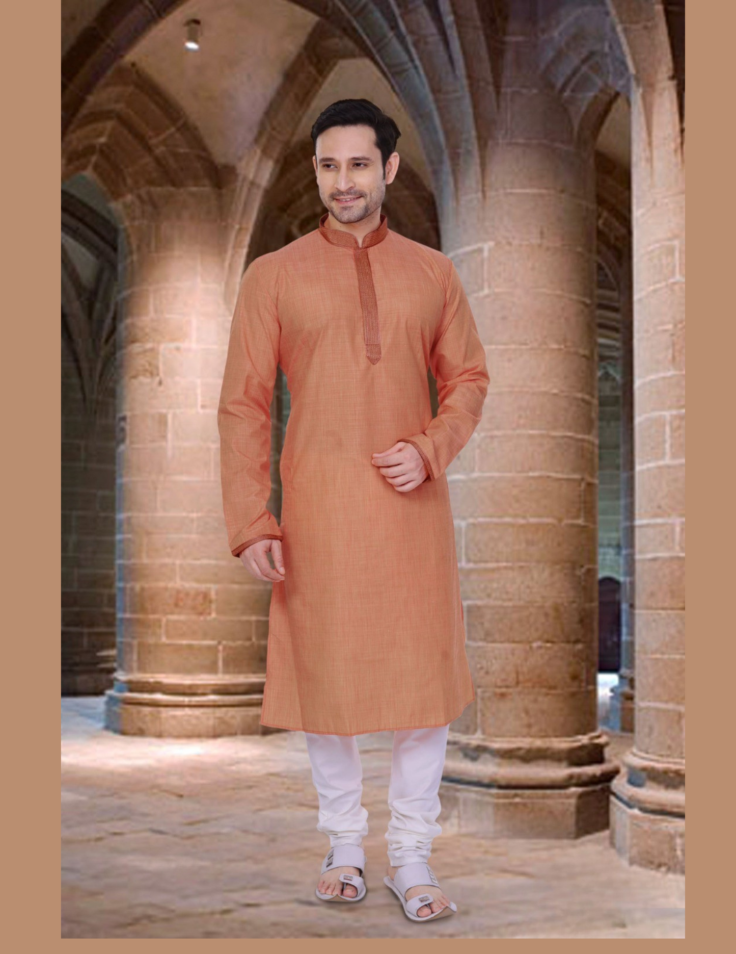 Wonderful Light Orange Color Poly Cotton Lace Embroidery Work Pajama Set For Men